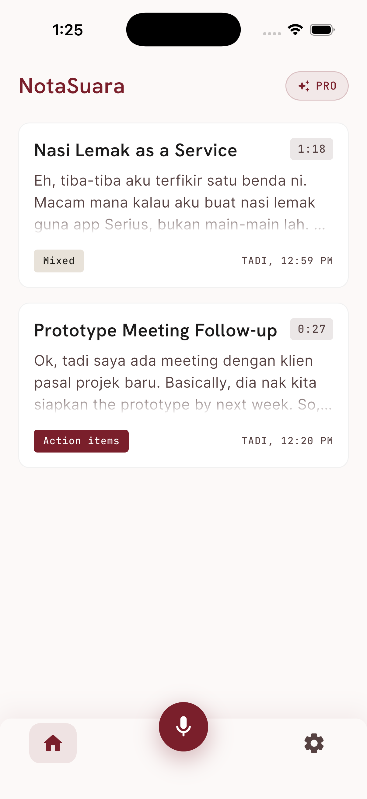 Skrin NotaSuara dengan nota yang dah dikemas AI